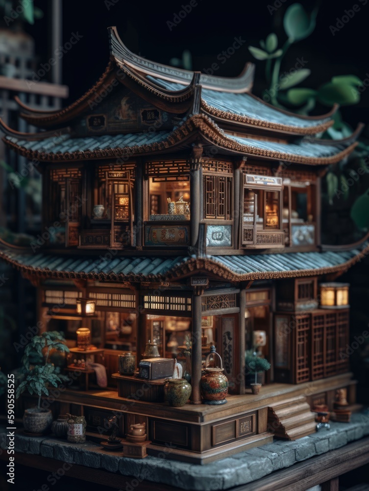 Chinese temple. AI generated art illustration.