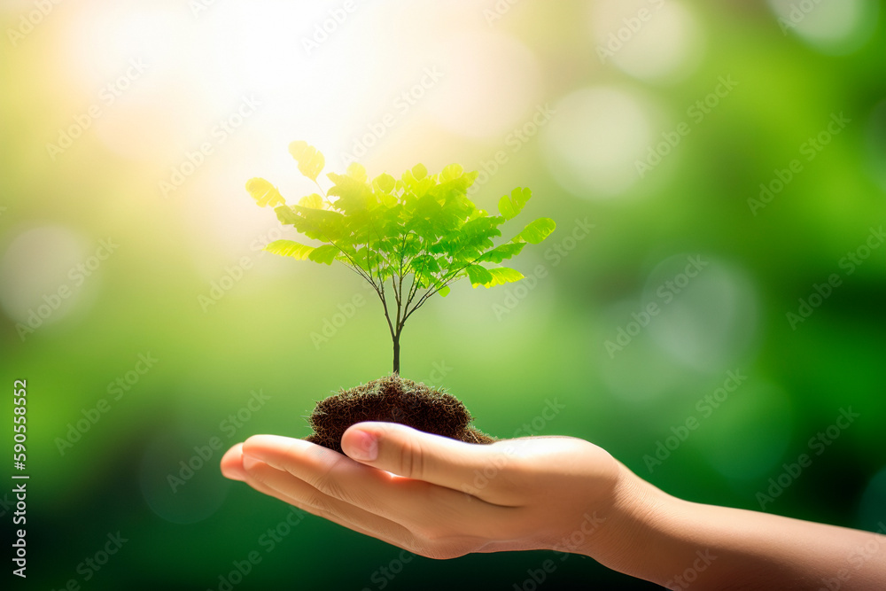 Hand holdig little tree growing on green background with sunshine. Sustainability concept. Generative ai Hand holdig little tree growing on green background with sunshine. Sustainability concept. Generative ai