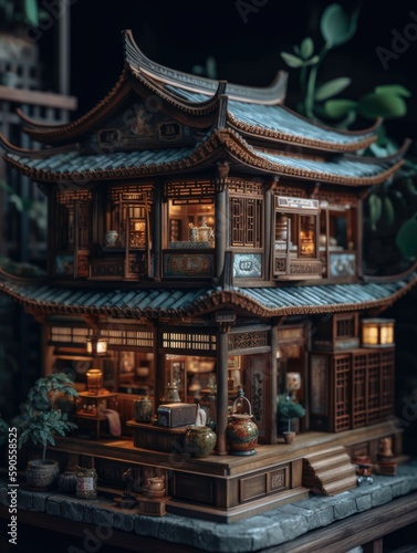 Chinese temple. AI generated art illustration.