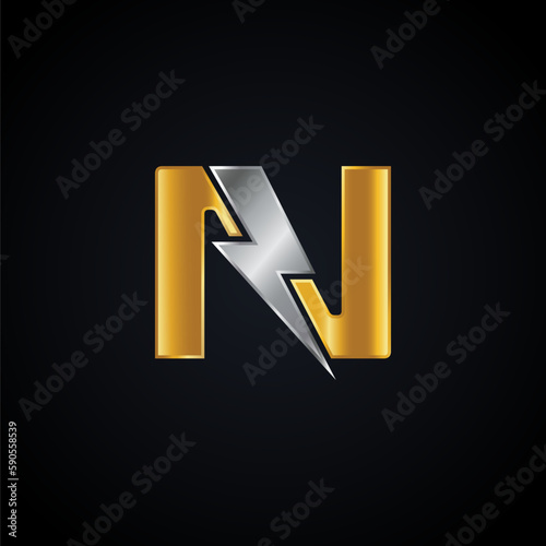 N Letter Logo With Lightning Thunder Bolt Vector Design. Electric Bolt Letter N Logo Vector Illustration.