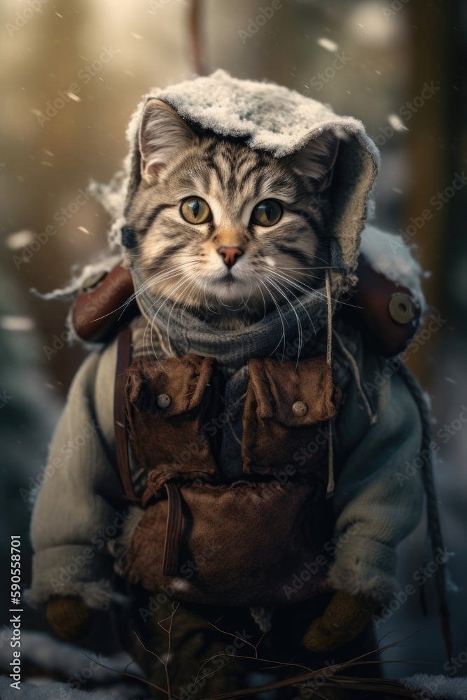 Cat on a tree. AI generated art illustration.