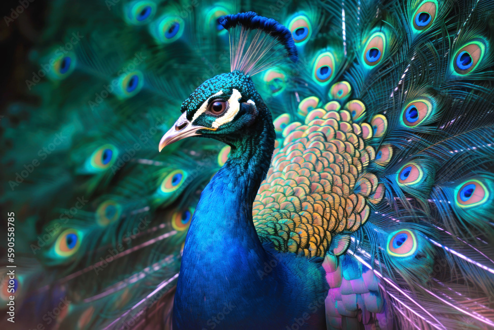 Obraz premium Close up of a peacock with feathers out. Generative AI