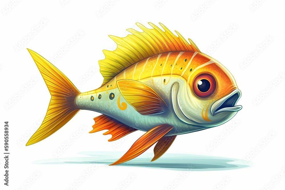 vibrant yellow and orange fish swimming in a white background. Generative AI