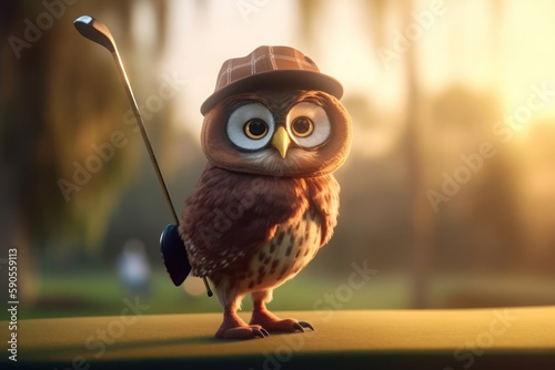 Owl Pro Golfer On Golf Green Playing Golf At Sunrise Generative AI
