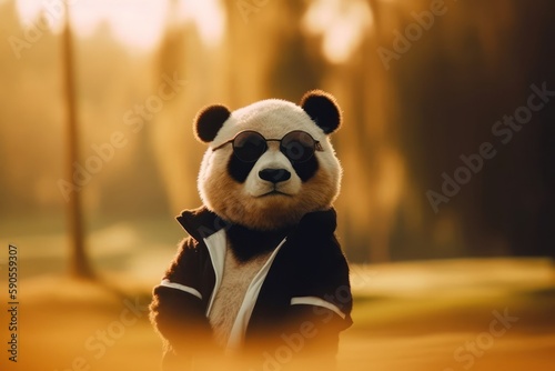 Panda Bear With Shades On Fairway At Sunset Generative AI © Johnathan