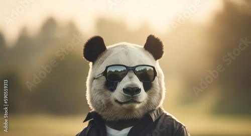 Panda Bear With Sunglasses On Golf Green At Dusk Generative AI © Johnathan