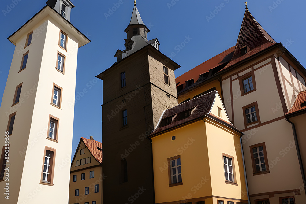 Vertical shot of the statue of St. Kunigunde in the old Bamberg town against the blue sky Vertical shot of the statue of St. Kunigunde in the old Bamberg town against the blue sky