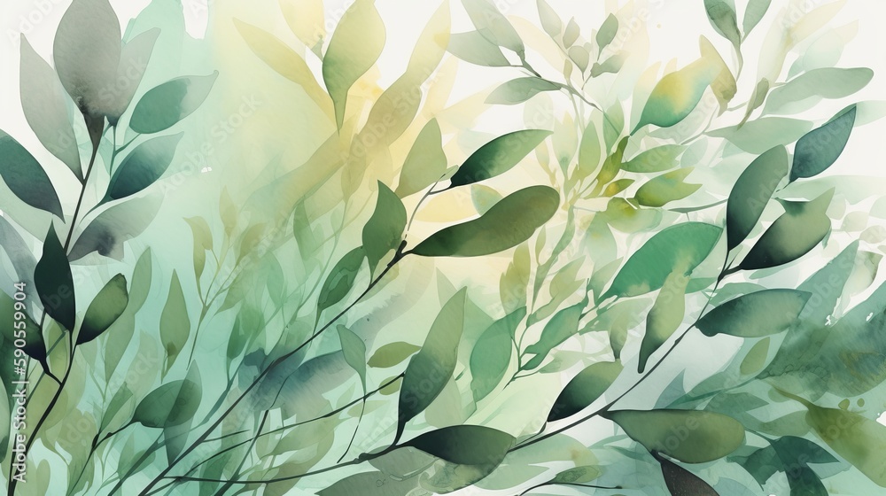 Natural Watercolor Background with Branches and Leaves. AI Generation