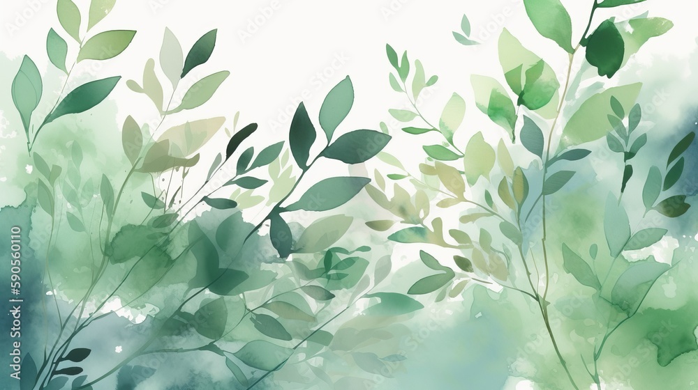 Natural Watercolor Background with Branches and Leaves. AI Generation