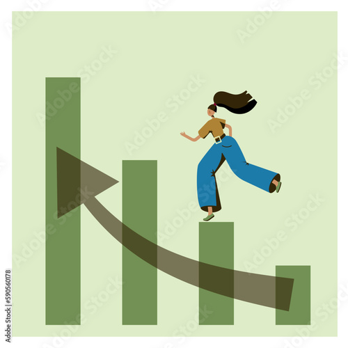 growth in business and income. Vector illustration of a businesswoman running up a graph with an arrow