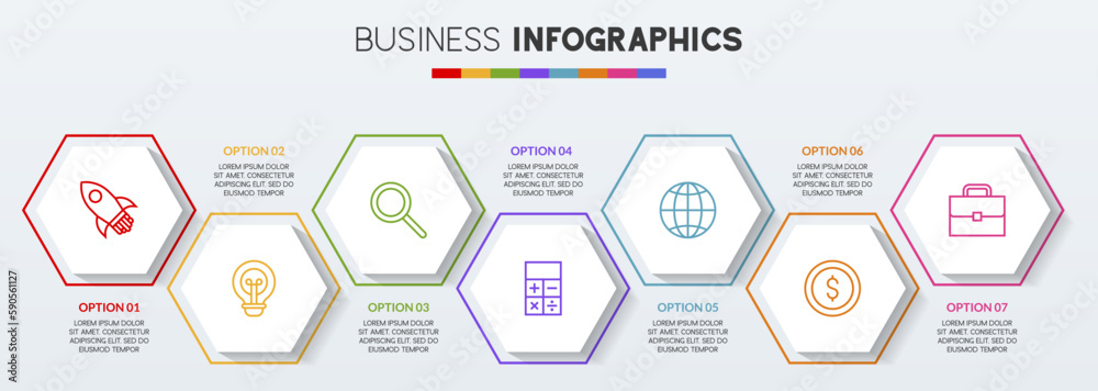 Infographics design template and icons with 7 options or 7 steps Infographics design template and icons with 7 options or 7 steps