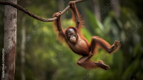 Playful Orangutan Swinging on Branch