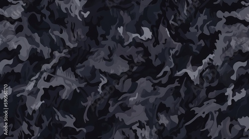 Seamless Rough Textured Military, Hunting, or Paintball Camouflage Pattern in Dark Black and Gray Palette. AI Generation