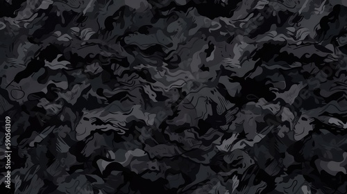 Seamless Rough Textured Military, Hunting, or Paintball Camouflage Pattern in Dark Black and Gray Palette. AI Generation