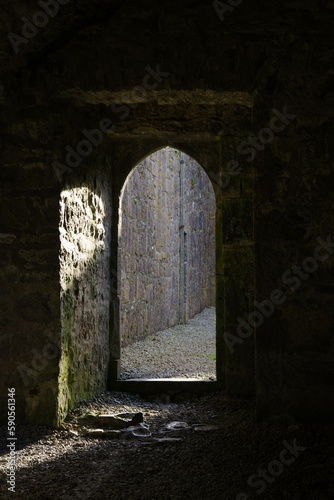 light falling through a arched door in a ruined abbey in ireland