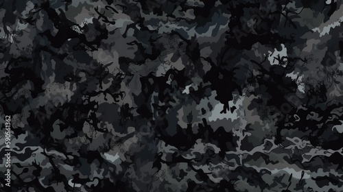 Seamless Rough Textured Military, Hunting, or Paintball Camouflage Pattern in Dark Black and Gray Palette. AI Generation