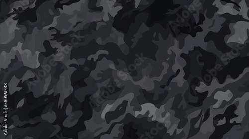 Seamless Rough Textured Military, Hunting, or Paintball Camouflage Pattern in Dark Black and Gray Palette. AI Generation