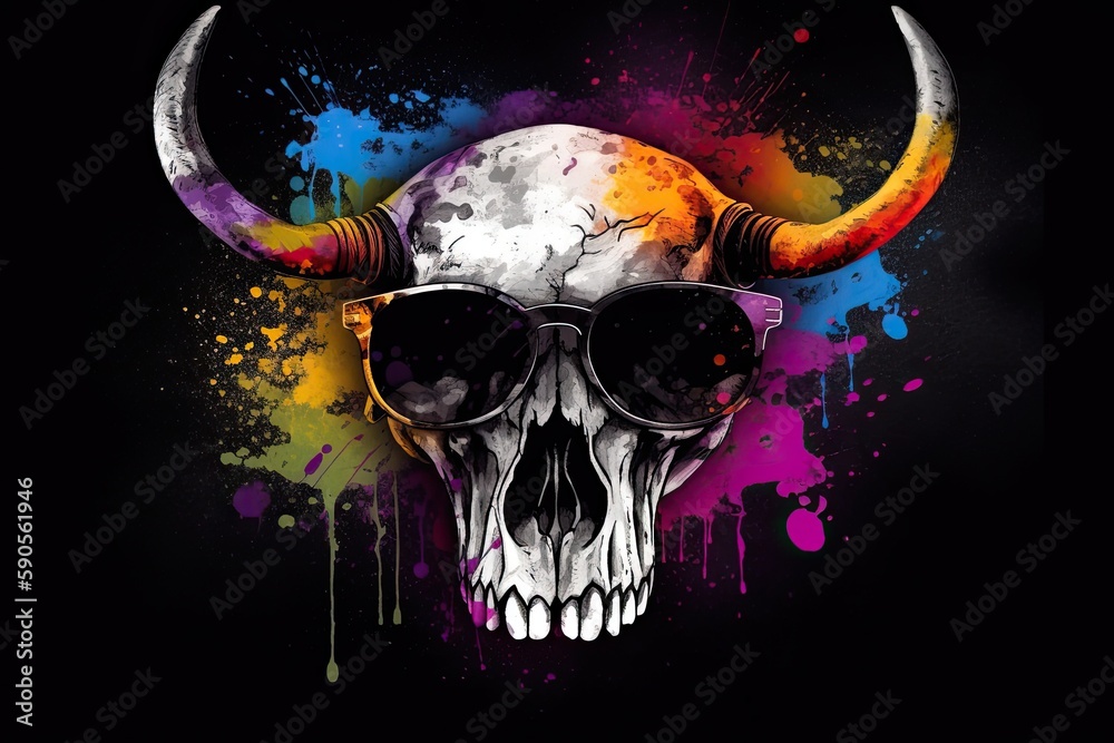 buffalo skull in sunglasses realistic with paint splatter abstract buffalo skull in sunglasses realistic with paint splatter abstract