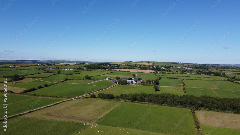 Agricultural landscape on afternoon, top view. Vast green farm fields. Picturesque landscape. Green grass field under blue sky