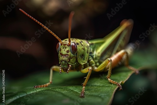detailed close-up of a green grasshopper perched on a green leaf. Generative AI © 2rogan