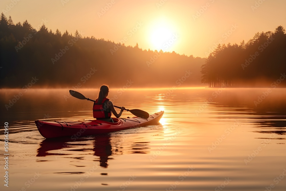 Young woman kayaking in the sunrise on a lake