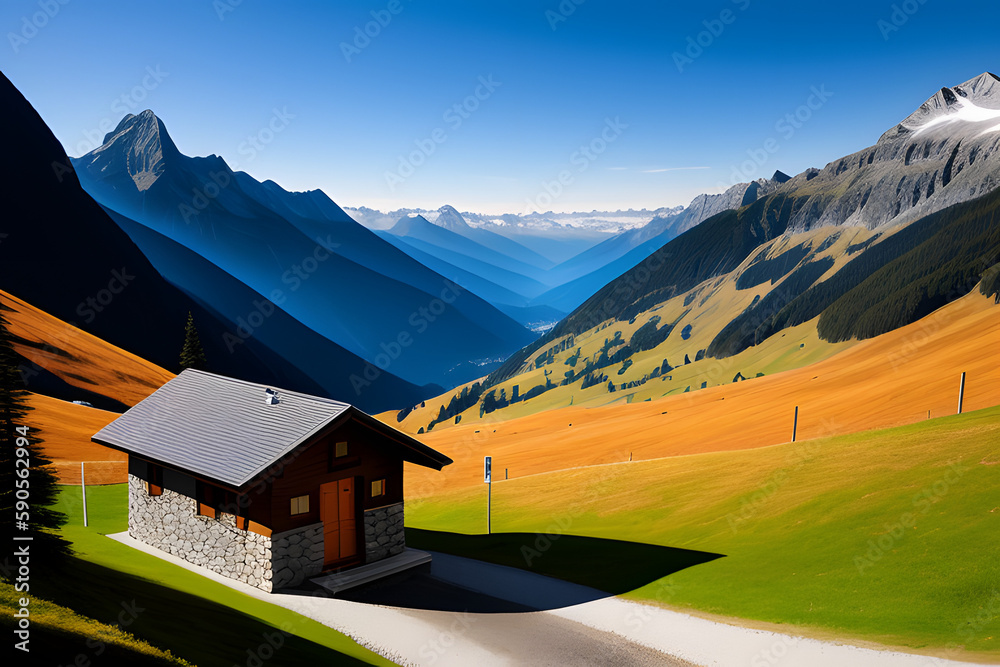 Wooden Hut at High Alpine Road with Mountains in Background, Austria