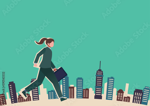 街を往く女性会社員　都市背景　ビジネス　人物フラットイラスト