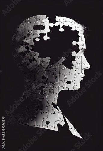 Mental health, psychotherapy, strategy, logical brain and memory creative abstract concept. Human Head silhouette with jigsaw puzzle pieces. Mindfulness, thinking, self care idea. 