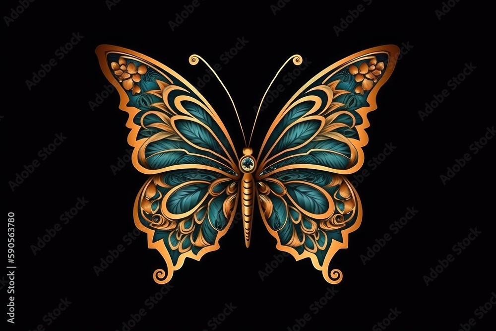 vibrant gold and blue butterfly on a dark black background. Generative AI vibrant gold and blue butterfly on a dark black background. Generative AI