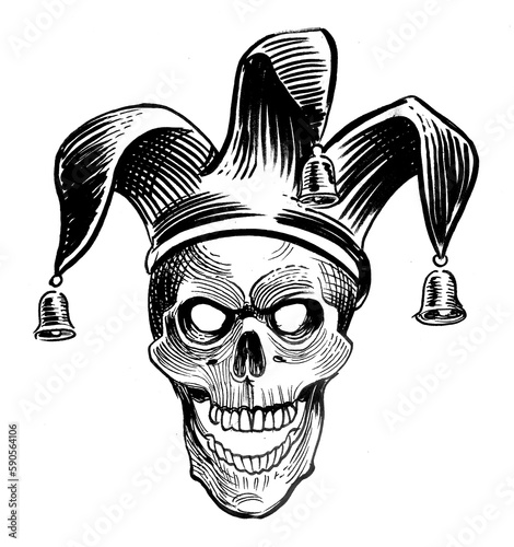 Evil skull in jester hat. Ink black and white drawing