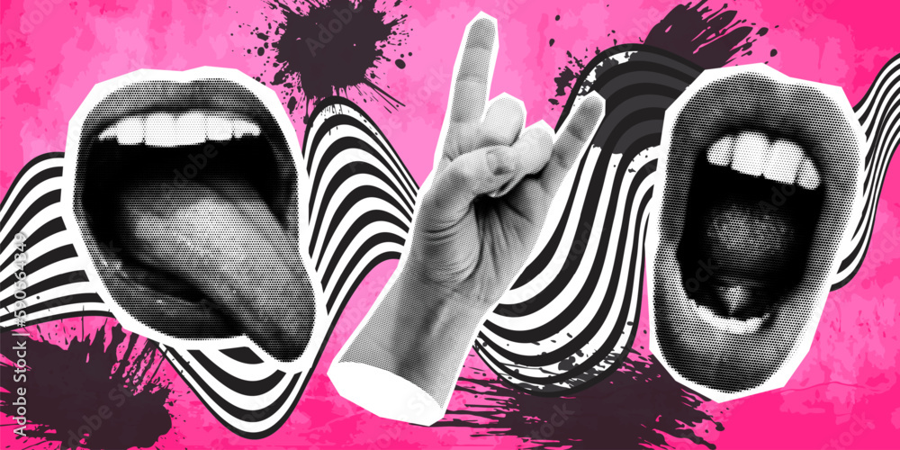 Woman mouth and hand as retro halftone collage elements for mixed media design. Mouth in scream, with tongue, horn hand gesture in halftone texture, dotted pop style. Vector grunge punk crazy art - obrazy, fototapety, plakaty 