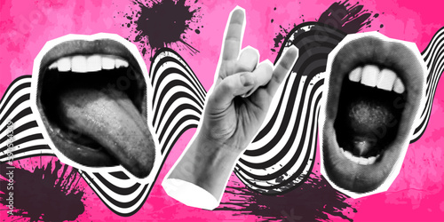Woman mouth and hand as retro halftone collage elements for mixed media design. Mouth in scream, with tongue, horn hand gesture in halftone texture, dotted pop style. Vector grunge punk crazy art