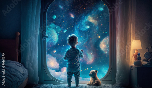 Child's Dream: Stargazing at Night