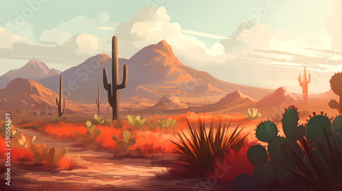Cacti and mountains in desert landscape - 2d illustration - Generative AI