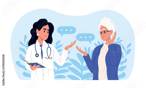 A family doctor is talking to an elderly patient. Awareness of the elderly about, Alzheimers disease, Cardiovascular diseases, Cancer, Osteoporosis, Arthritis, Parkinsons disease, Diabetes.