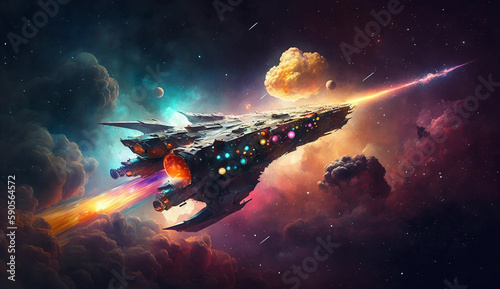 Spaceship flying through colorful nebula