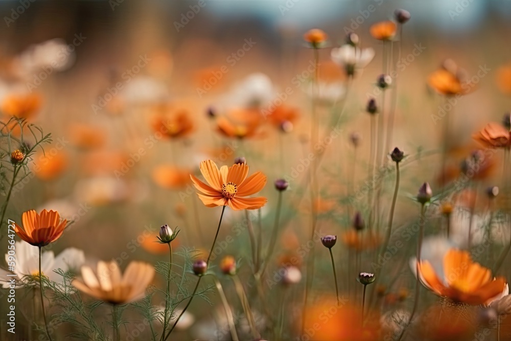 Fototapeta premium vibrant field filled with orange and white flowers under a clear blue sky. Generative AI