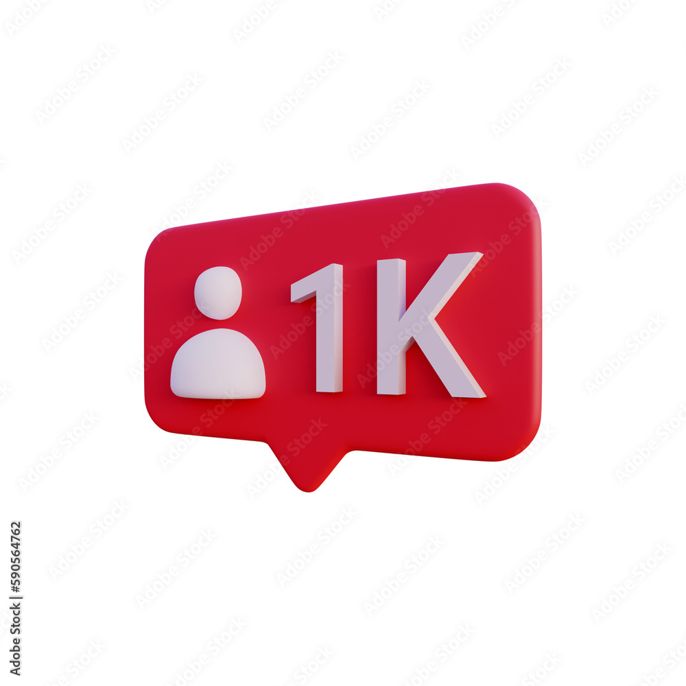 Social media 1k follow icon notification 3d render isolated side view PNG transparent Social media 1k follow icon notification 3d render isolated side view PNG transparent