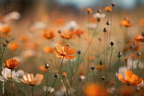 vibrant field filled with orange and white flowers under a clear blue sky. Generative AI