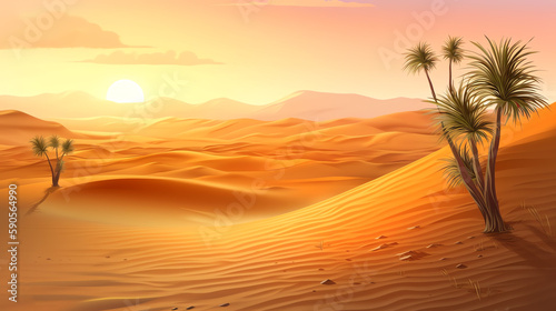 Sunset in the desert - 2d illustration - Generative AI