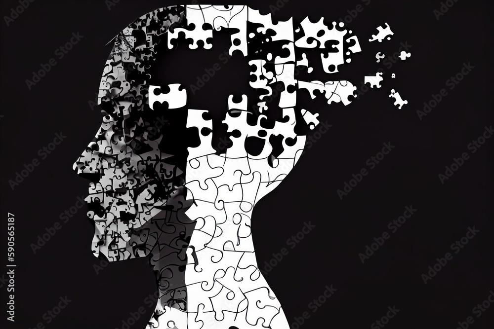 Mental health, psychotherapy, strategy, logical brain and memory creative abstract concept. Human Head silhouette with jigsaw puzzle pieces. Mindfulness, thinking, self care idea. Mental health, psychotherapy, strategy, logical brain and memory creative abstract concept. Human Head silhouette with jigsaw puzzle pieces. Mindfulness, thinking, self care idea.