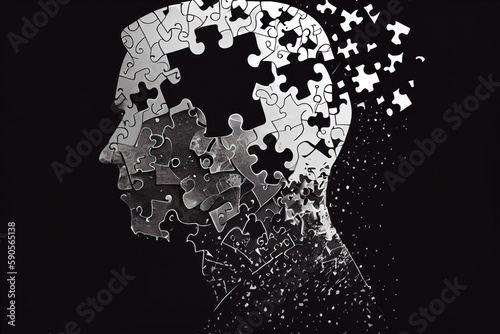 Mental health, psychotherapy, strategy, logical brain and memory creative abstract concept. Human Head silhouette with jigsaw puzzle pieces. Mindfulness, thinking, self care idea. 