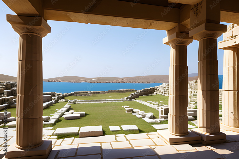 Fototapeta premium Ancient ruins in the island of Delos in Cyclades, one of the most important mythological, historical and archaeological sites in Greece.
