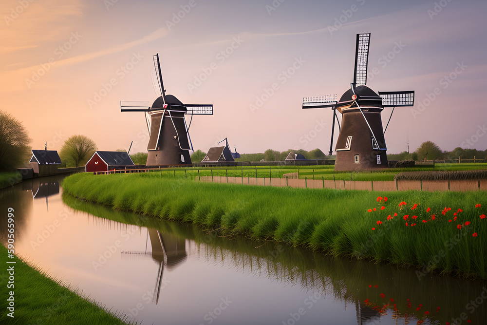 Holland Boat Traveling. Traditional Dutch Windmills in Kinderdijk Village With River Boat Cruises in the Netherlands.