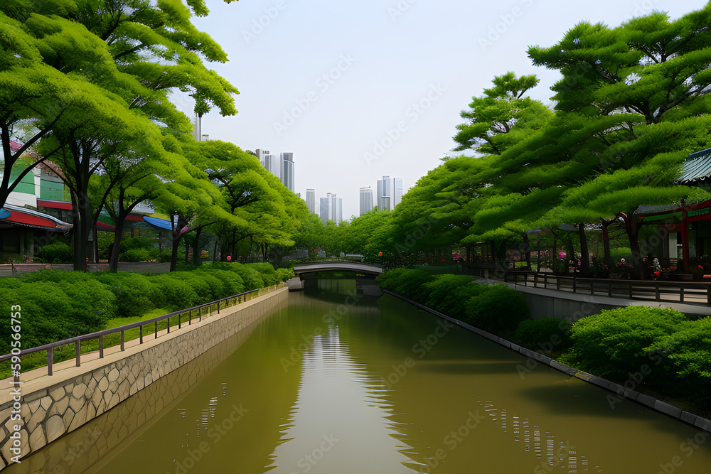 Jungnangcheon Stream park and apartment buildings in Seoul, Korea