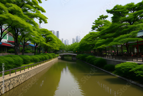 Jungnangcheon Stream park and apartment buildings in Seoul, Korea