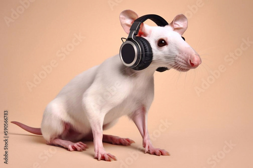 Rat Wearing Headphones on Peach Color Background, Generative AI