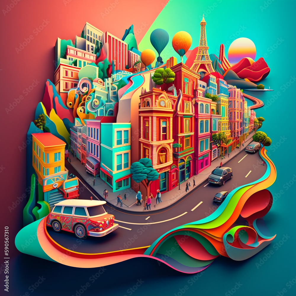 Colorful illustration 3D art work of San Francisco, USA. San Francisco