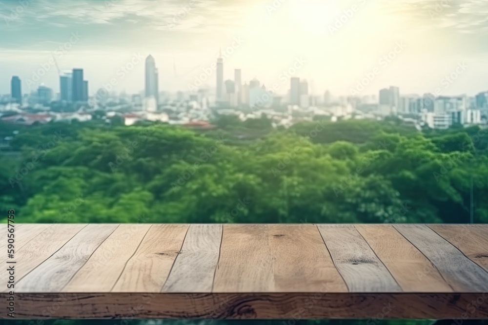 Wooden Table with a Cityscape View in the Background. Generative AI