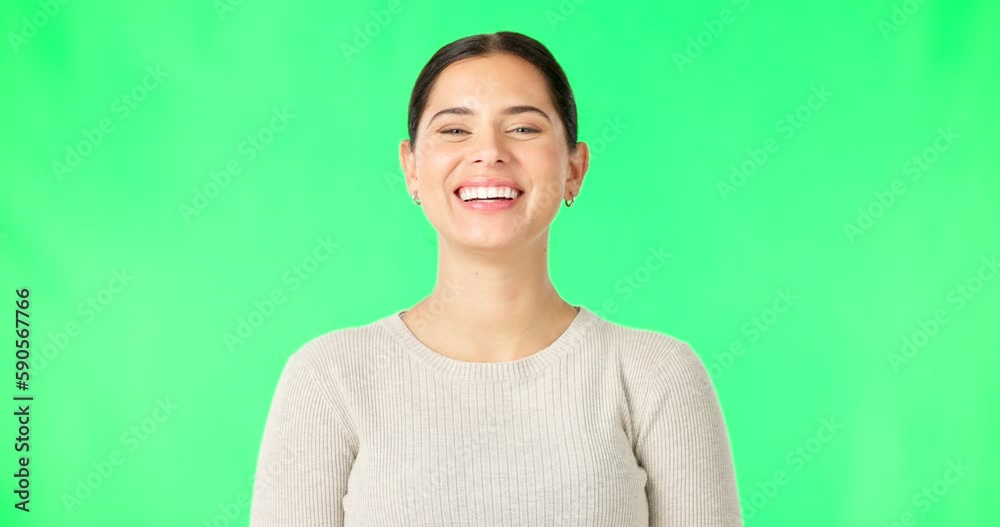 Green screen, laughing face and woman with smile, happiness and confidence on background. Portrait of happy female model, good mood and carefree personality of funny joke, comedy and meme in studio Green screen, laughing face and woman with smile, happiness and confidence on background. Portrait of happy female model, good mood and carefree personality of funny joke, comedy and meme in studio